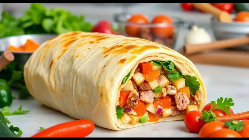 A close-up of a Burrito Bomb, filled with vibrant ingredients such as diced vegetables, tender meat, and fresh cilantro, displayed on a marble countertop surrounded by fresh produce.