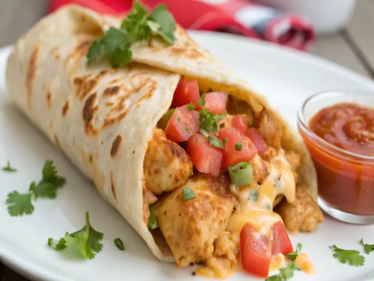 Breakfast burrito stuffed with scrambled eggs, cheese, and tomatoes, garnished with cilantro, and paired with a bowl of salsa.