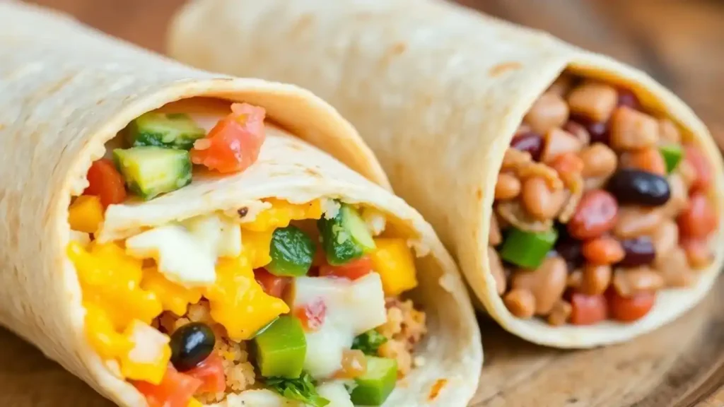 A vibrant breakfast veggie burrito with eggs, avocado, and peppers alongside a protein-packed bean and vegetable wrap on a wooden plate.