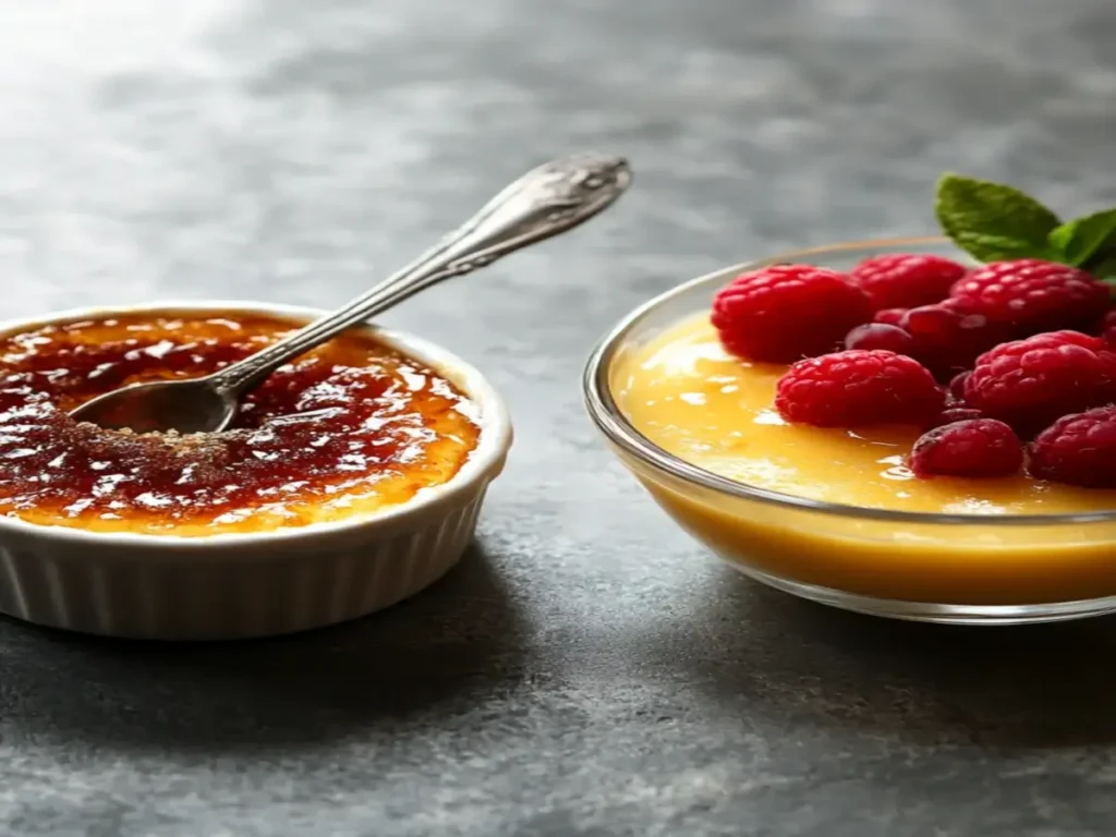 A ramekin of caramelized brûlée with a spoon, paired with a bowl of custard topped with fresh raspberries and mint leaves.