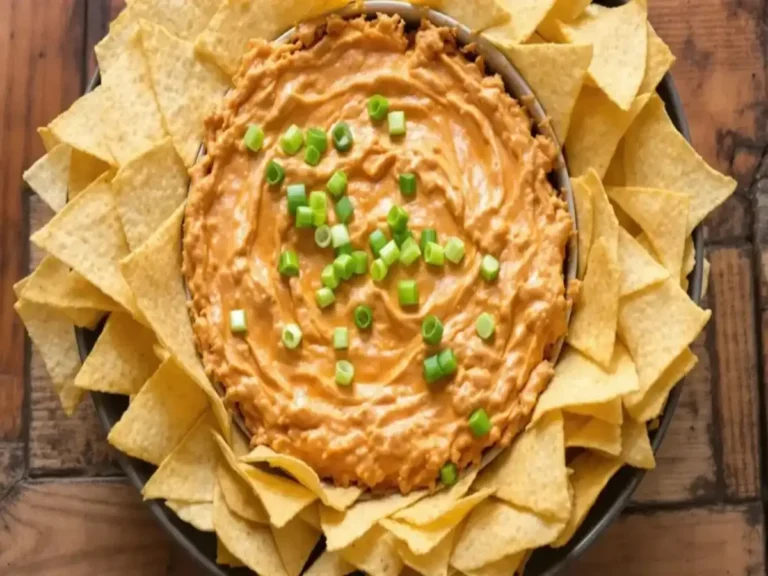 Close-up of a bowl of buffalo chicken dip topped with green onions, surrounded by tortilla chips on a wooden table.