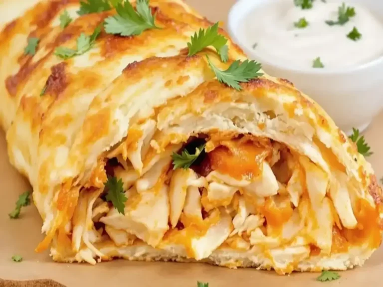 Close-up of a cheesy Buffalo Chicken Stromboli with shredded chicken and melted cheese inside, garnished with parsley and accompanied by a bowl of creamy dipping sauce.