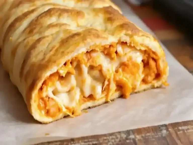 Close-up of buffalo chicken stuffed bread with melted cheese oozing out of a golden-brown crust, served on parchment paper.