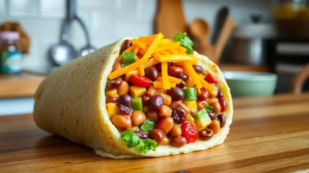 burrito bombs : A colorful and loaded burrito bomb featuring beans, vegetables, and shredded cheddar cheese in a soft tortilla wrap.