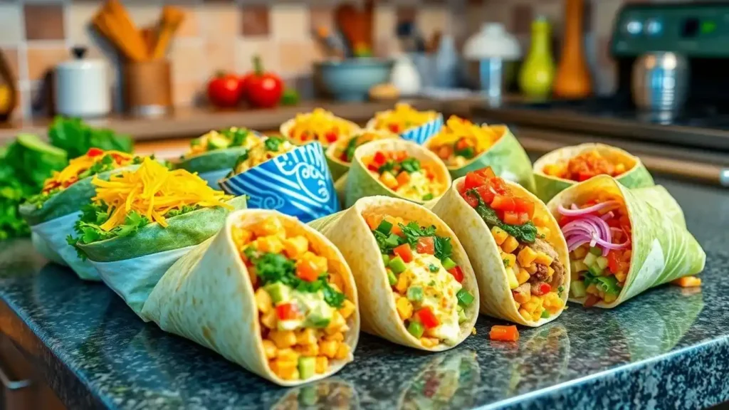A vibrant array of burritos, including the Burrito Bomb, filled with fresh ingredients like vegetables, cheese, and beans, arranged on a kitchen counter.