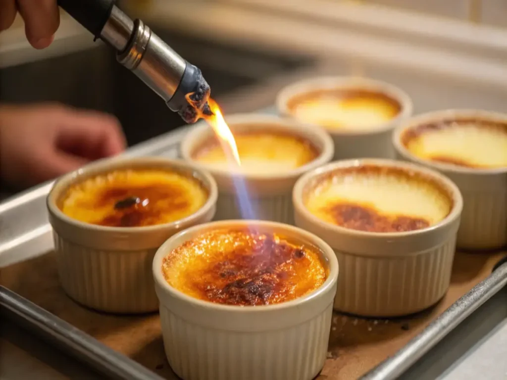 A kitchen torch caramelizing the sugar topping on multiple ramekins of crab brûlée arranged on a baking tray. Secret to Crème Brûlée