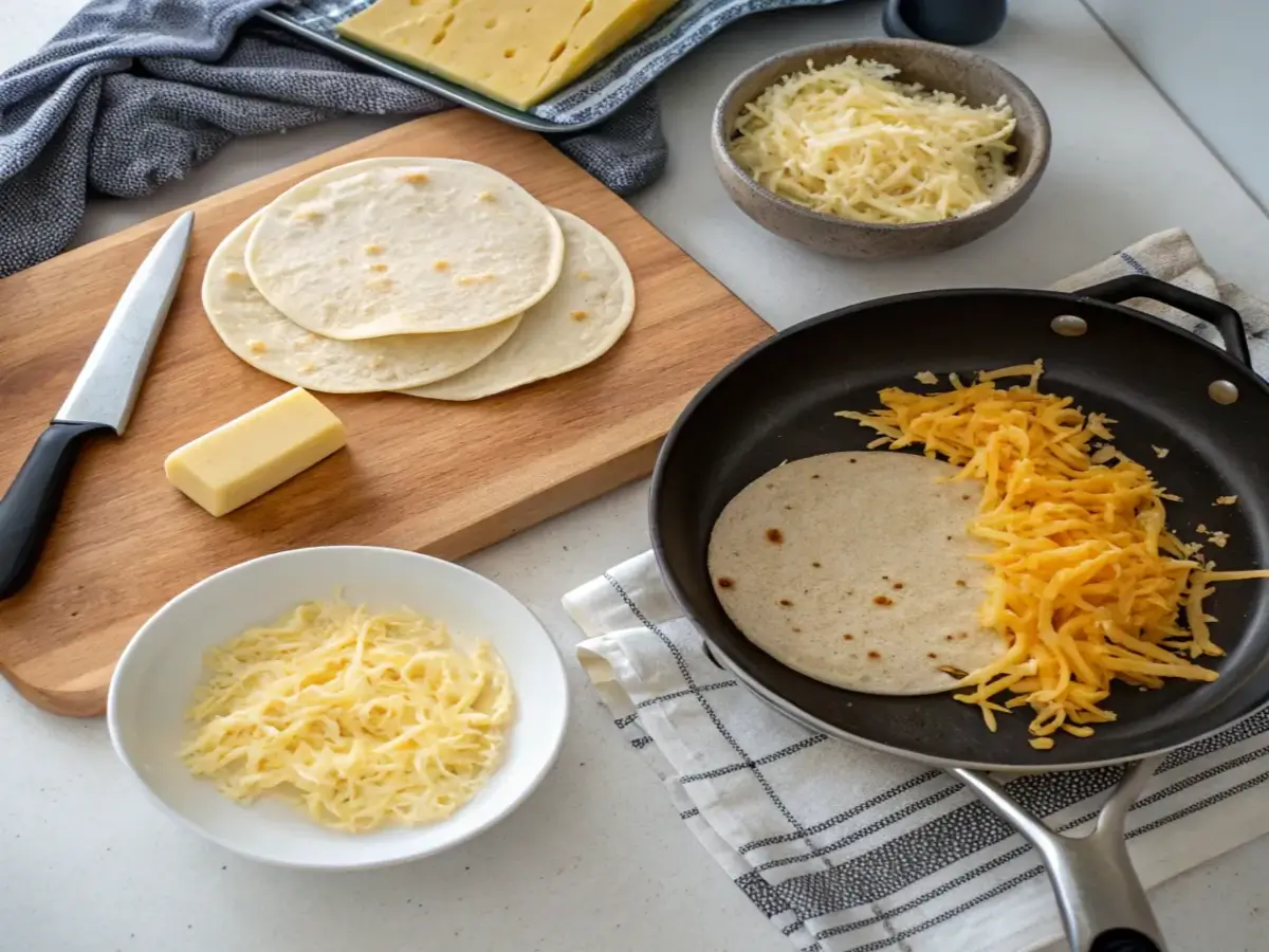 A skillet with a tortilla topped with shredded cheddar cheese, surrounded by grated cheese in bowls, butter, and tortillas on a wooden cutting board.Title: