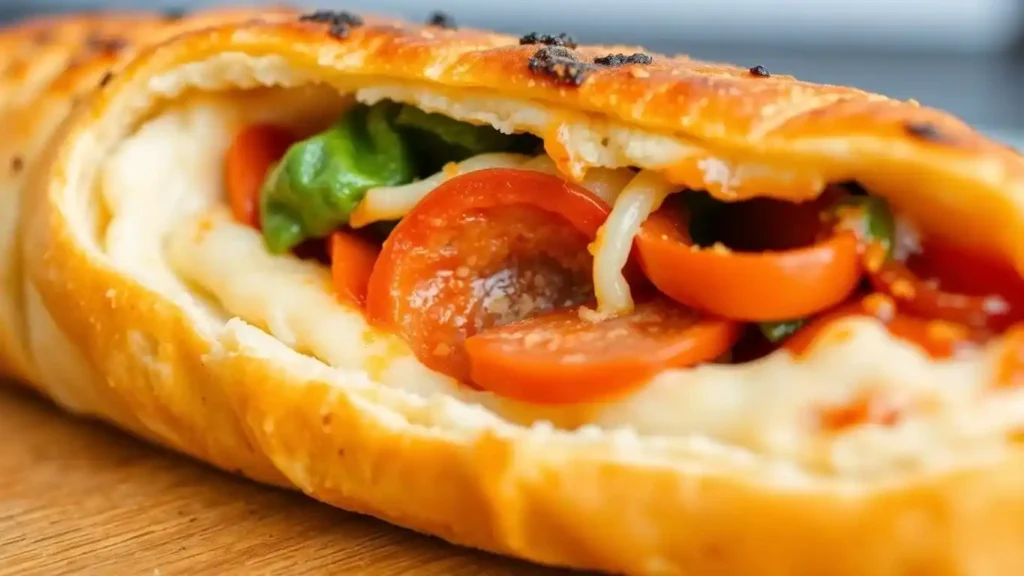 Close-up of a bread roll stuffed with melted cheese, pepperoni, fresh tomatoes, and green bell peppers, baked to golden perfection.