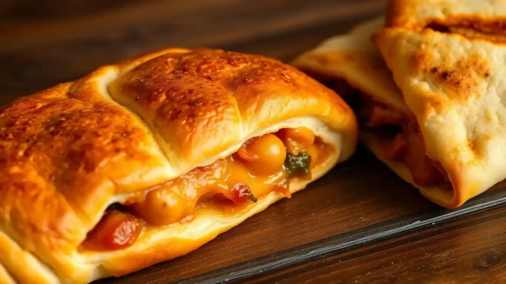 Close-up of golden bread pockets stuffed with melted cheese, beans, and vegetables, served on a wooden surface. Stromboli and Calzone Spot the Difference