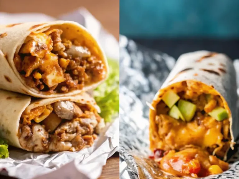 Two chicken burritos, one wrapped in foil and filled with cheese, avocado, and salsa, while the other showcases a hearty filling of chicken, cheese, and corn.