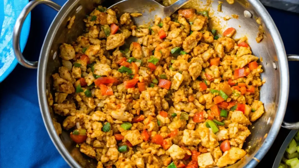 chicken and mixed vegetables, including red peppers and green onions, seasoned with spices, for quesadilla rellena.