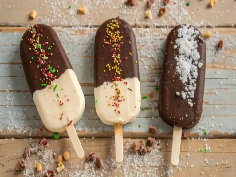 Three Eskimo Pie popsicles decorated with colorful sprinkles, sugar crystals, and chocolate, arranged on a rustic wooden surface.