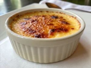 A ramekin of golden caramelized brûlée with a spoonful missing, revealing its creamy interior. crème brûlée and custard