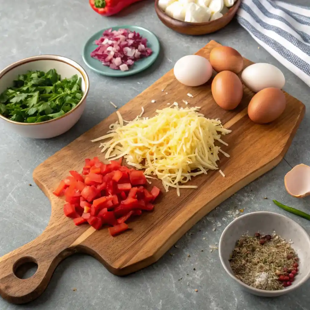 Ingredients for quesadilla preparation on a wooden board, including grated cheese, diced tomatoes, fresh herbs, and eggs, surrounded by bowls of spices and onions.