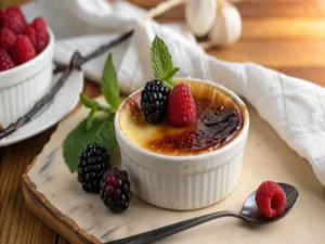 A ramekin of caramelized brûlée topped with fresh blackberries, raspberries, and a sprig of mint, served on a wooden platter with rustic decor.