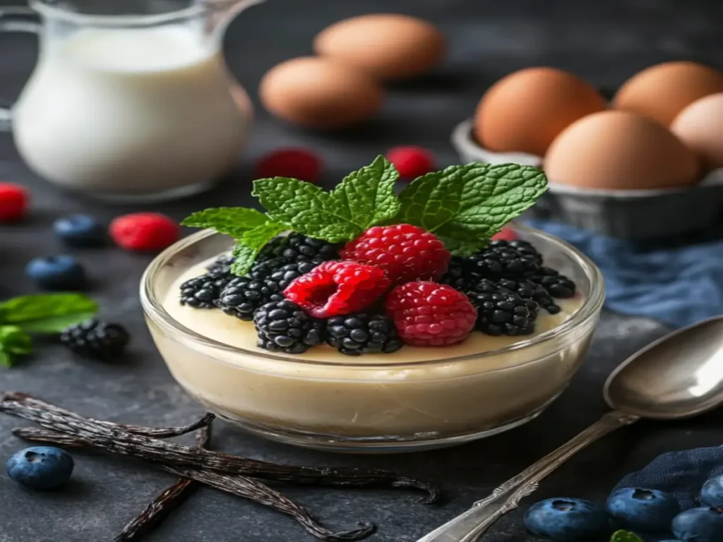 Difference between crème brûlée and custard A glass bowl of creamy brûlée topped with fresh blackberries, raspberries, and mint leaves, surrounded by eggs, milk, and vanilla pods.
