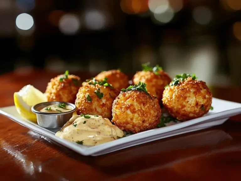 A plate of golden, crispy crab balls garnished with fresh parsley, served with lemon wedges and two creamy dipping sauces on a white plate.