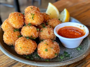 A plate of golden crispy crab balls garnished with fresh herbs, served with a side of tangy dipping sauce and lemon wedges.