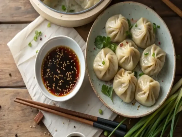 A plate of steamed vegan soup dumplings with thin wrappers and a soy-based dipping sauce, captured in a warm and inviting food photo.