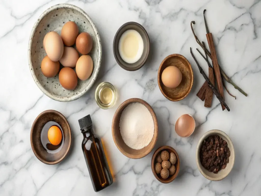 A flat-lay of ingredients for brûlée, including fresh eggs, sugar, vanilla beans, nutmeg, cream, and extract, arranged on a marble countertop. Secret to Crème Brûlée