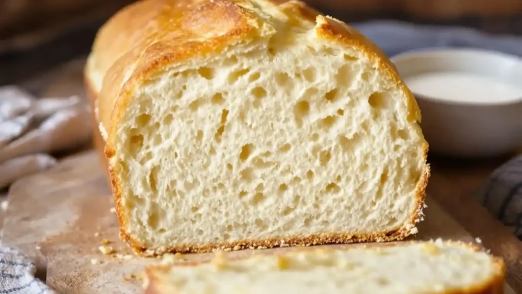 kefir in baking : A freshly baked loaf of kefir bread sliced to reveal its fluffy, airy texture on a wooden cutting board.