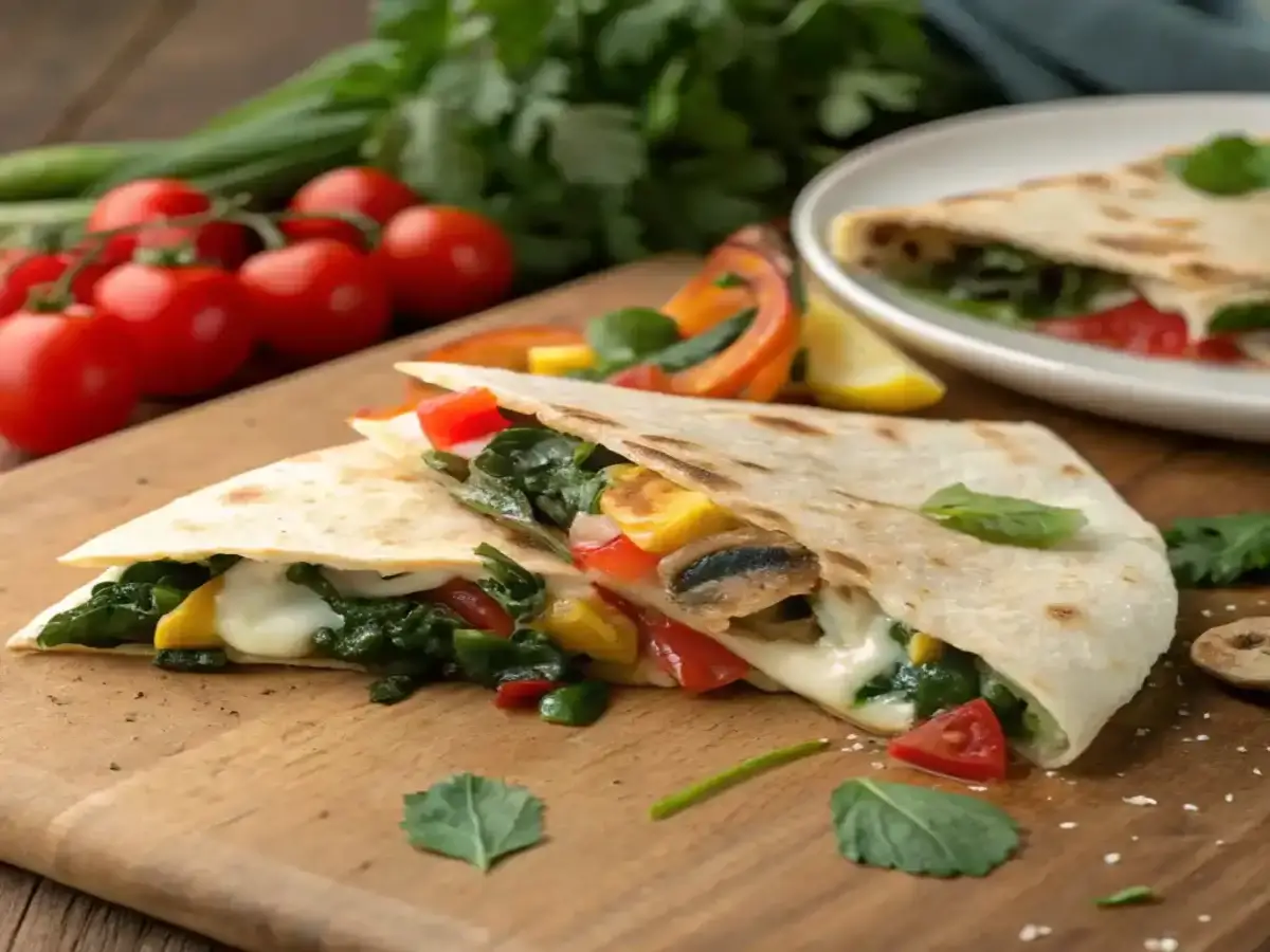 A veggie quesadilla filled with sautéed spinach, mushrooms, bell peppers, and melted cheese, served on a wooden board with fresh tomatoes and greens in the background.