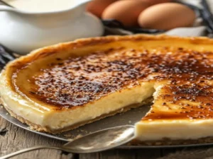 best cream for cream brulee A caramelized brûlée tart with a golden crust, a slice removed to reveal the creamy custard interior, surrounded by eggs and cream in the background.