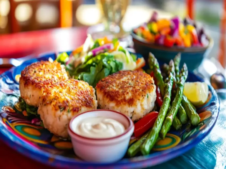 Three golden crab cakes served with roasted asparagus, a fresh garden salad, and a creamy dipping sauce on a colorful plate.