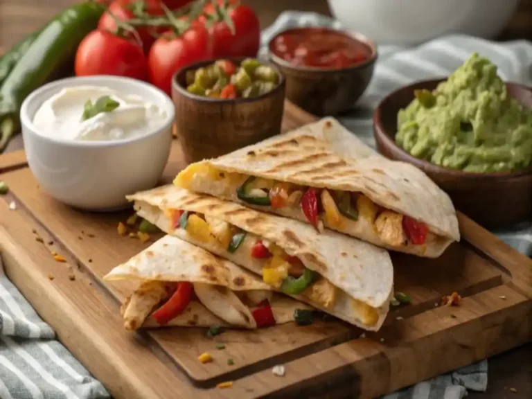 A plate of grilled chicken quesadilla slices filled with colorful bell peppers and cheese, served with guacamole, sour cream, and salsa on the side.