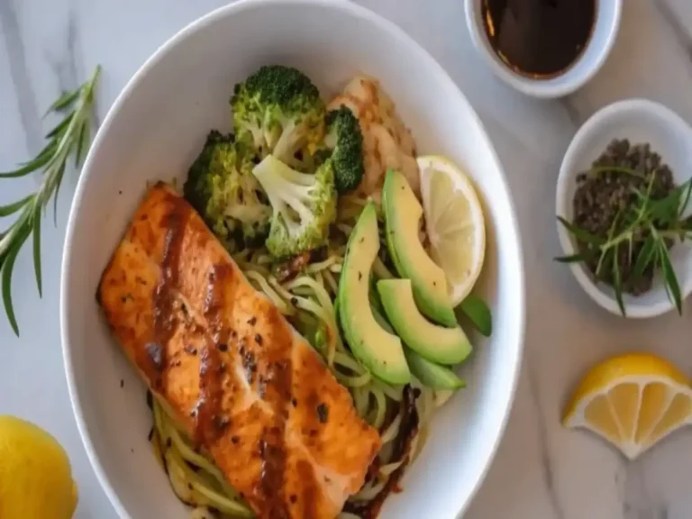 PCOS lunch recipes A bowl of grilled salmon served with zucchini noodles, steamed broccoli, sliced avocado, and a lemon wedge, with dipping sauce and seasonings on the side.