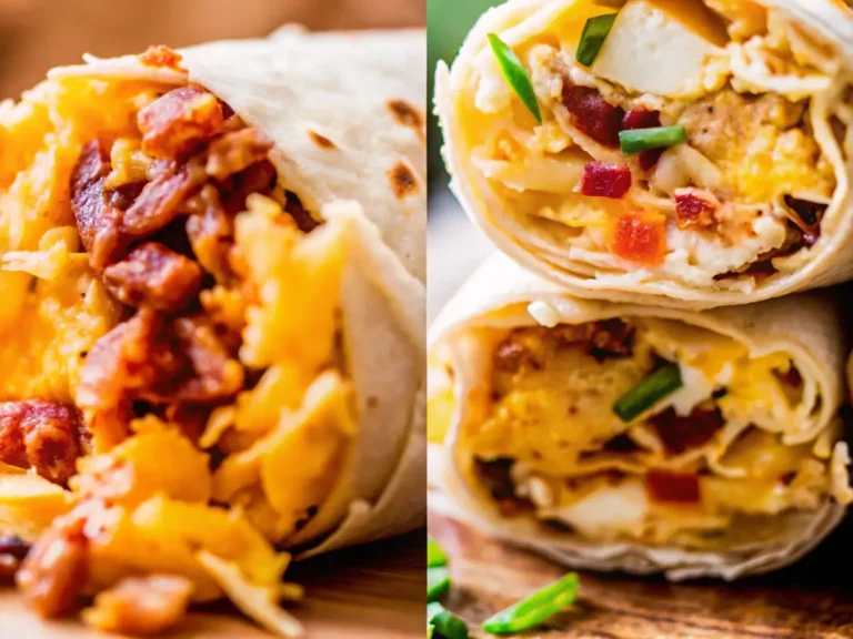 Close-up of breakfast burritos filled with scrambled eggs, crispy beef , melted cheese, and green onions wrapped in soft tortillas.