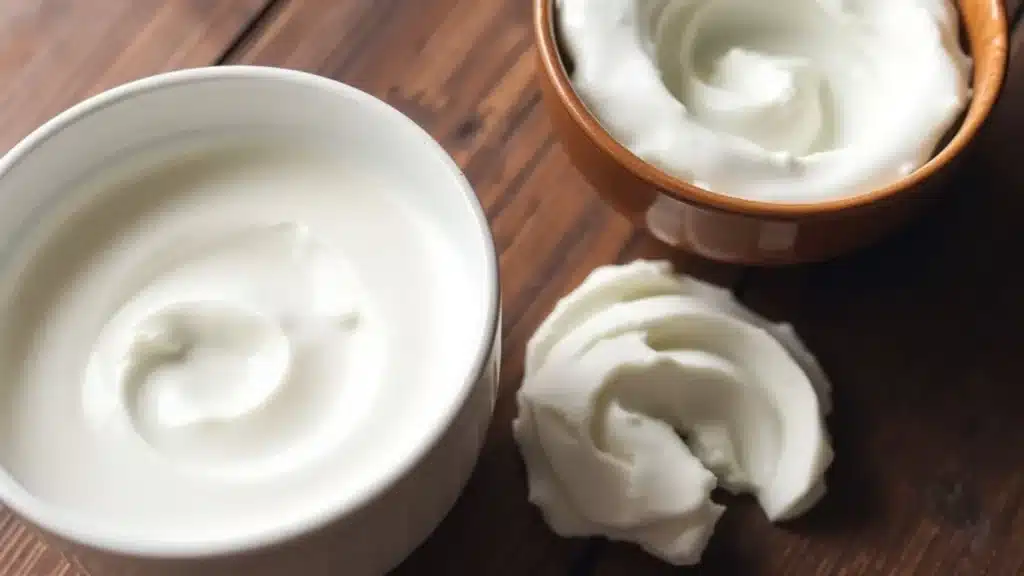 Close-up of two bowls filled with creamy kefir alongside a dollop of kefir on a rustic wooden surface.