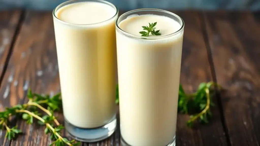 Two tall glasses of creamy kefir or buttermilk, garnished with a small sprig of green herb, placed on a rustic wooden surface with fresh greens in the background.