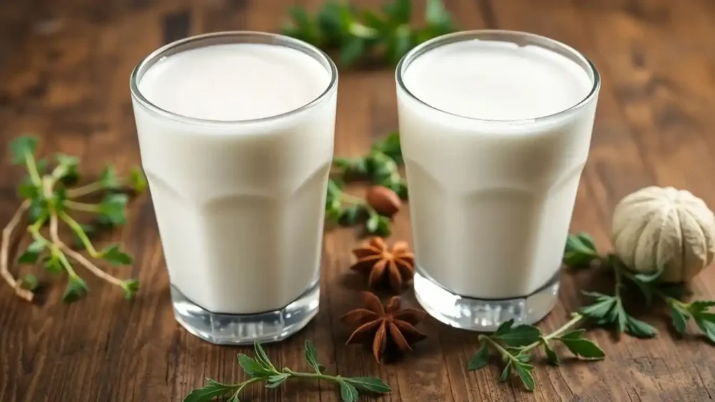 Two glasses of kefir or buttermilk placed on a rustic wooden table, surrounded by fresh herbs, star anise, and natural ingredients.
