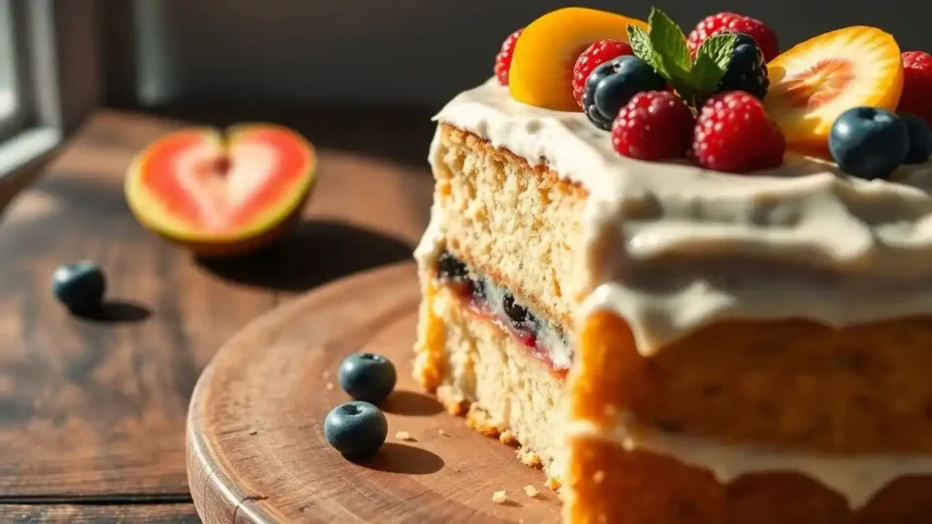 A slice of layered kefir cake topped with fresh berries, peach slices, and a sprig of mint, with a halved tropical fruit in the background.