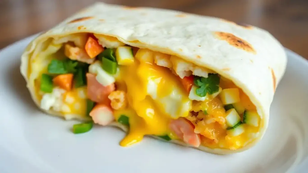 A loaded breakfast burrito with melted cheese, scrambled eggs, diced vegetables, and fresh herbs wrapped in a tortilla.