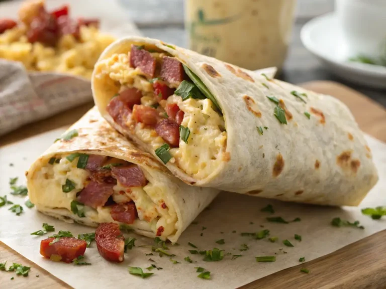 A close-up of a breakfast burrito filled with scrambled eggs, sausage, cheese, and garnished with fresh parsley, served on parchment paper.