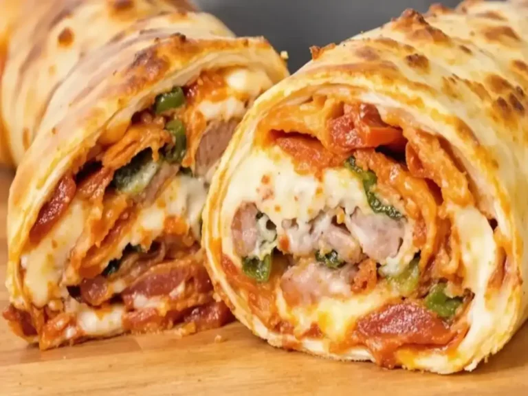 Close-up of a loaded pizza roll featuring melted cheese, sausage, pepperoni, and fresh vegetables wrapped in a golden crust.