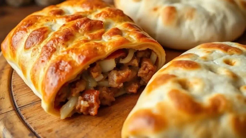 Close-up of golden bread rolls filled with seasoned meat, cheese, and vegetables, served on a wooden board.
