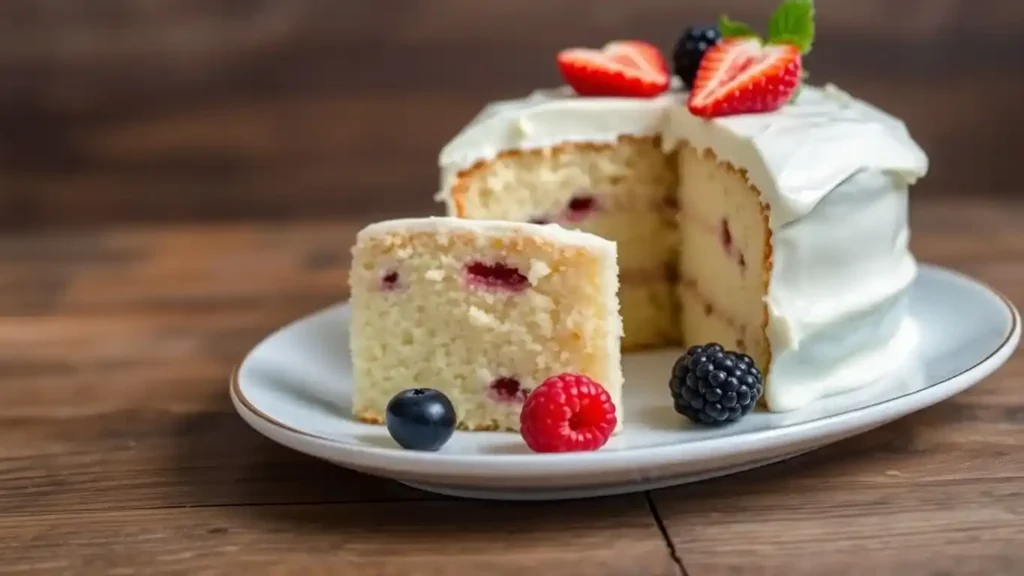 A slice of a moist kefir cake with raspberries and a white frosting, garnished with fresh strawberries, blackberries, blueberries, and raspberries on a white plate.