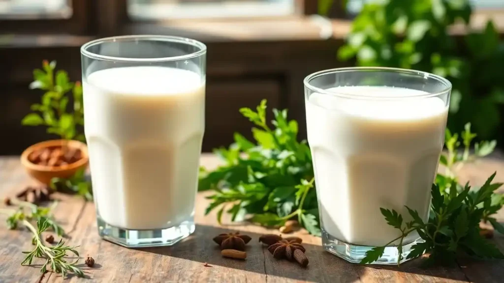 Two glasses of creamy kefir on a rustic wooden table, surrounded by fresh herbs, star anise, and natural ingredients in a sunny setting.