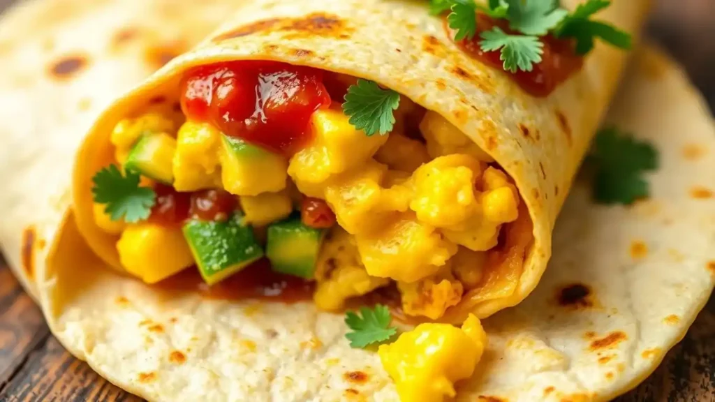 Close-up of a breakfast burrito filled with scrambled eggs, diced zucchini, and topped with salsa, garnished with fresh cilantro.