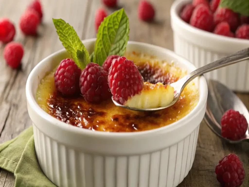 A spoon scooping a bite from a ramekin of caramelized crab brûlée topped with fresh raspberries and mint leaves. Secret to Crème Brûlée