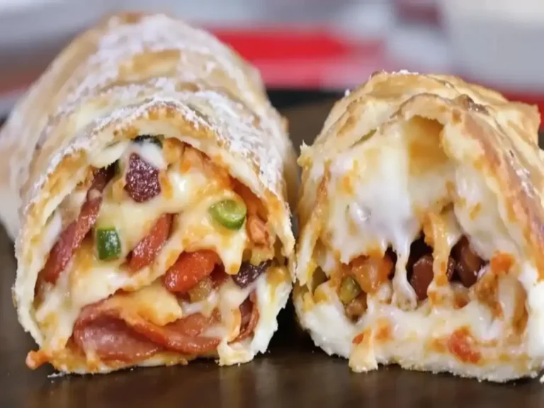 Sliced stromboli filled with cheese, pepperoni, and vegetables, illustrating the difference between a stromboli and a calzone.