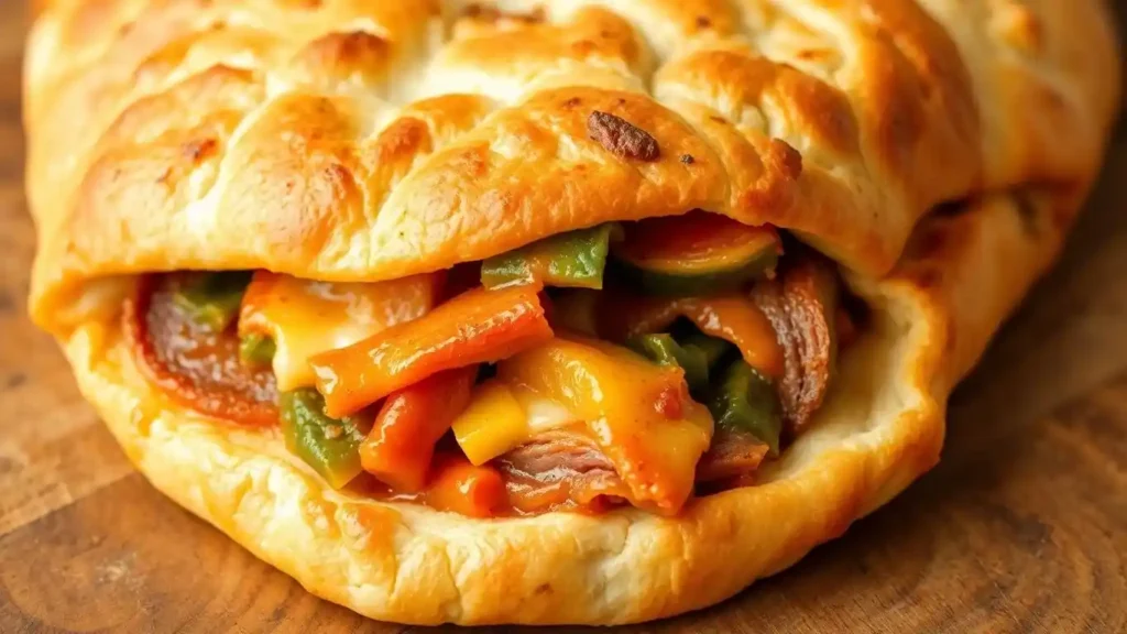 Close-up of a golden bread pocket filled with sautéed vegetables, melted cheese, and deli meats, served on a wooden surface.