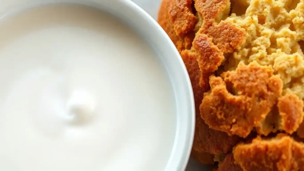 A bowl of creamy kefir paired with a close-up of a golden-brown baked cake or bread with a crumbly texture.