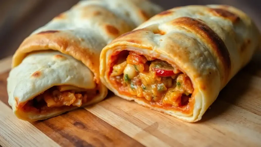 Close-up of golden-baked bread rolls stuffed with vegetables, cheese, and tomato sauce, served on a wooden board. Stromboli and Calzone Spot the Difference