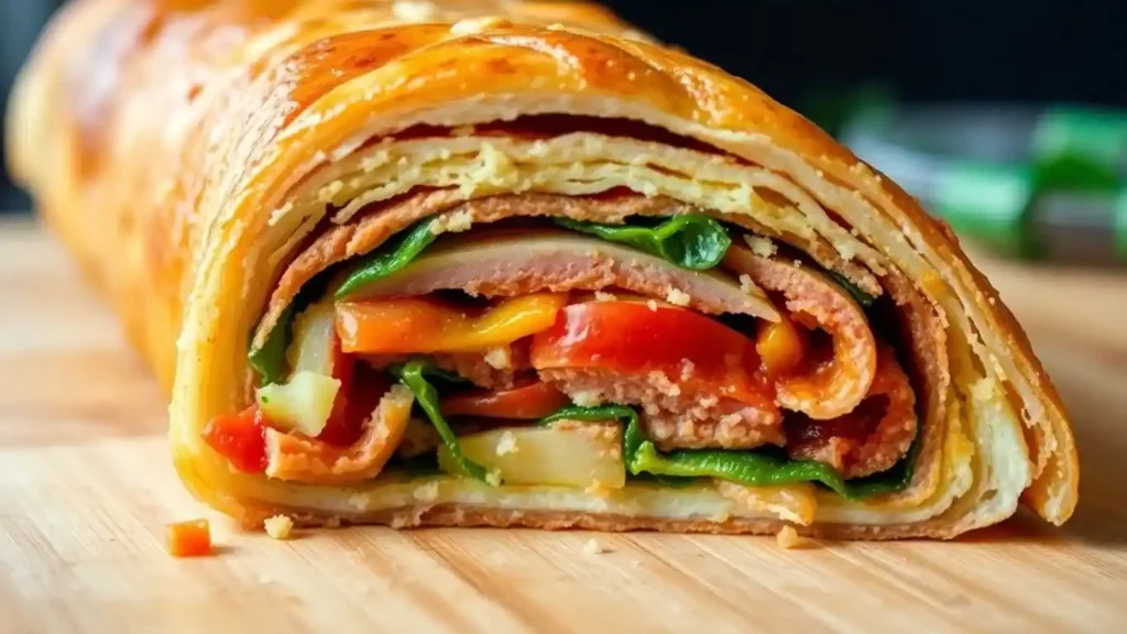 Close-up of a puff pastry roll with layers of spinach, tomato, deli meat, and cheese, wrapped in a golden flaky crust.