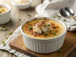 Close-up of creamy crab brûlée with a caramelized sugar crust, garnished with fresh chives and lump crab meat, served in a white ramekin.