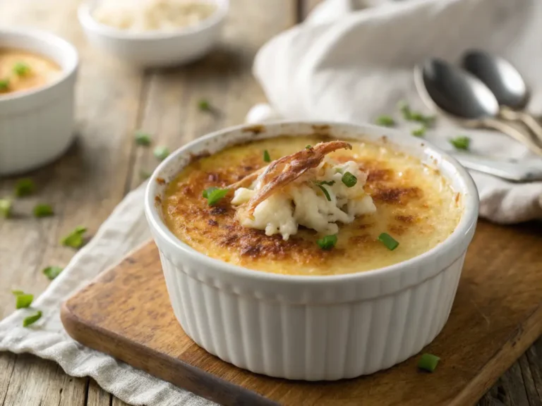 Close-up of creamy crab brûlée with a caramelized sugar crust, garnished with fresh chives and lump crab meat, served in a white ramekin.